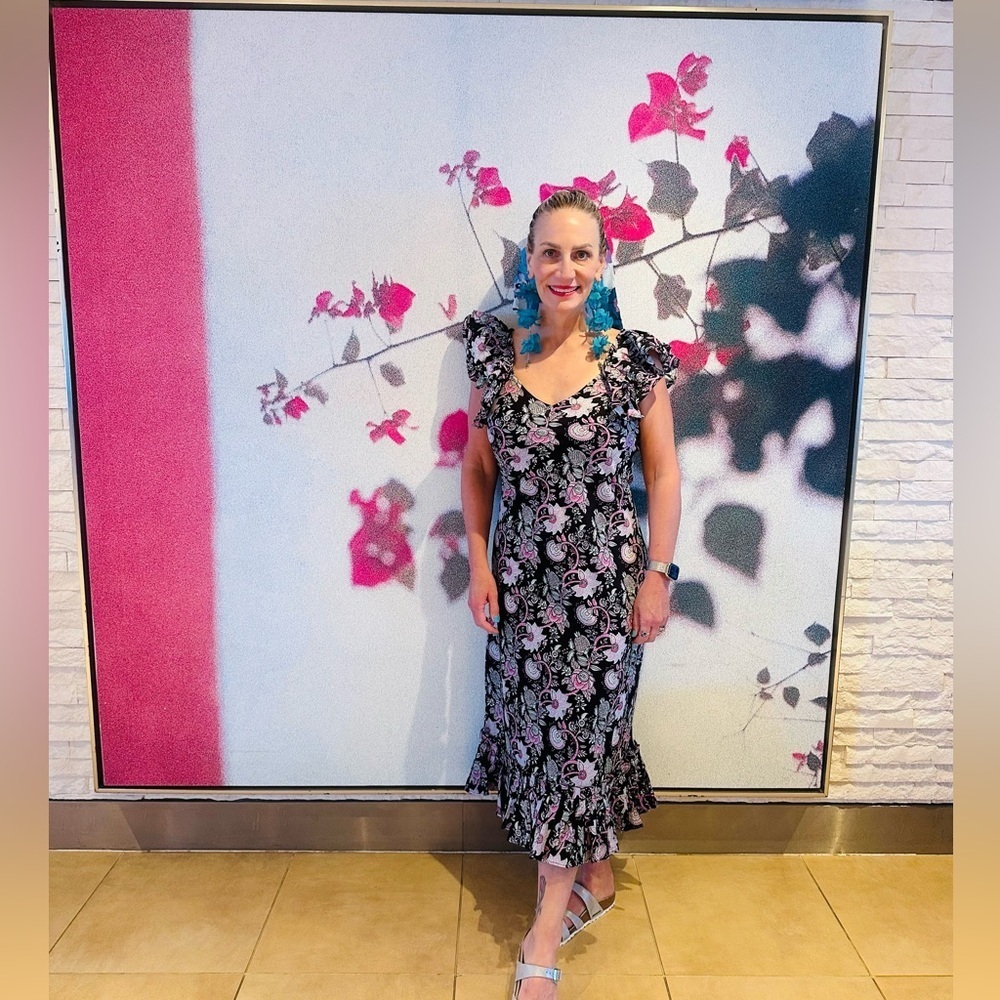 Mille resort & travel Clara cotton ruffle midi dress in tropical night. Size S - Picture 6 of 8